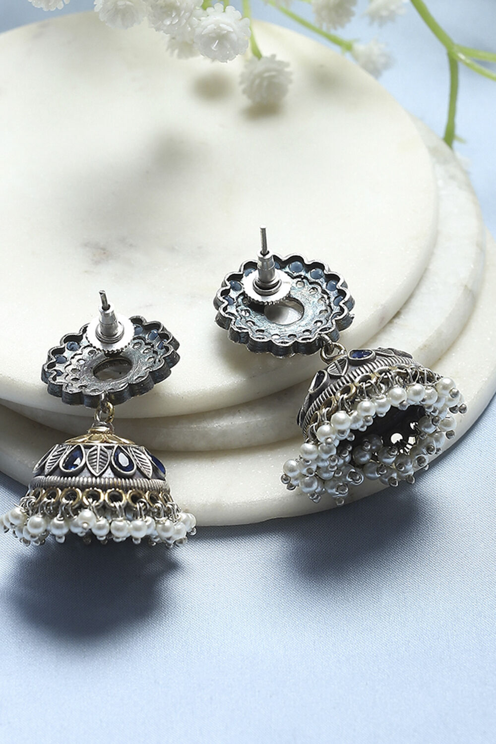 Blue White Brass Jhumka image number 2