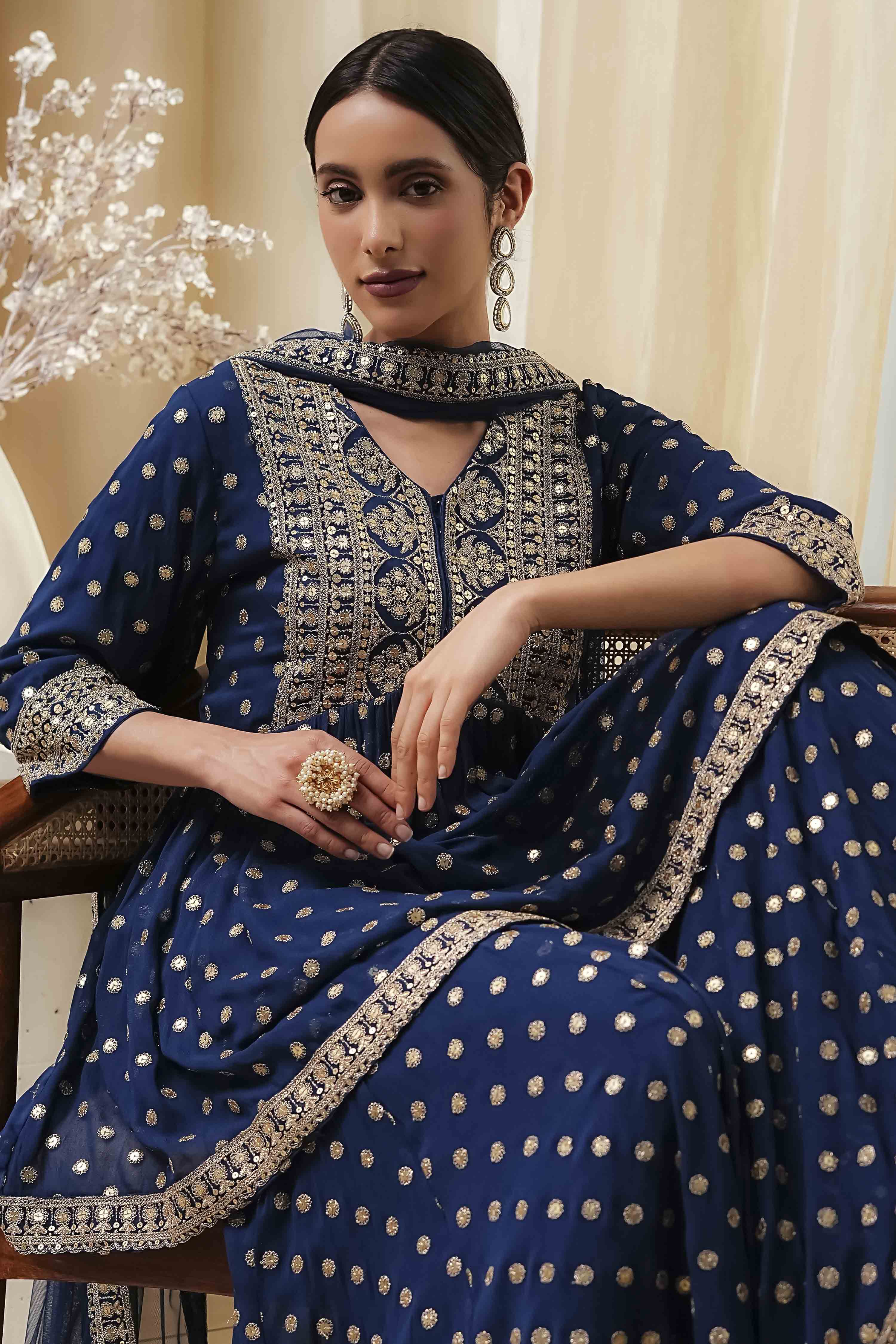 Ivory Georgette Embroidered Peplum Suit Set image number 8