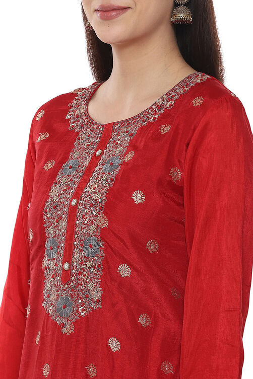 Red Banarasi Silk Machine Embroidered Unstitched Suit Set image number 1
