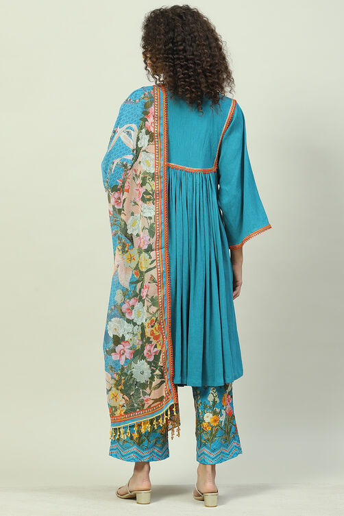 Turq Blue Art Silk Gathered Kurta Palazzo Suit Set image number 4