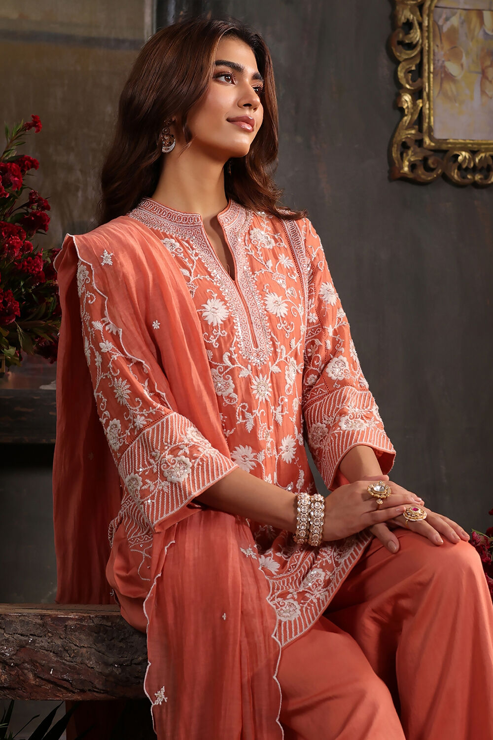 Orange Chanderi Embroidered Straight Suit Set image number 1