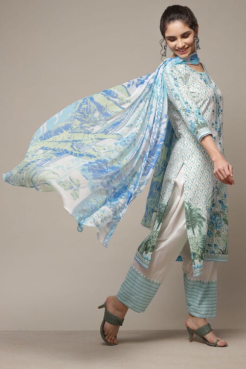 White & Blue Cotton Straight Kurta Salwar Suit Set image number 0
