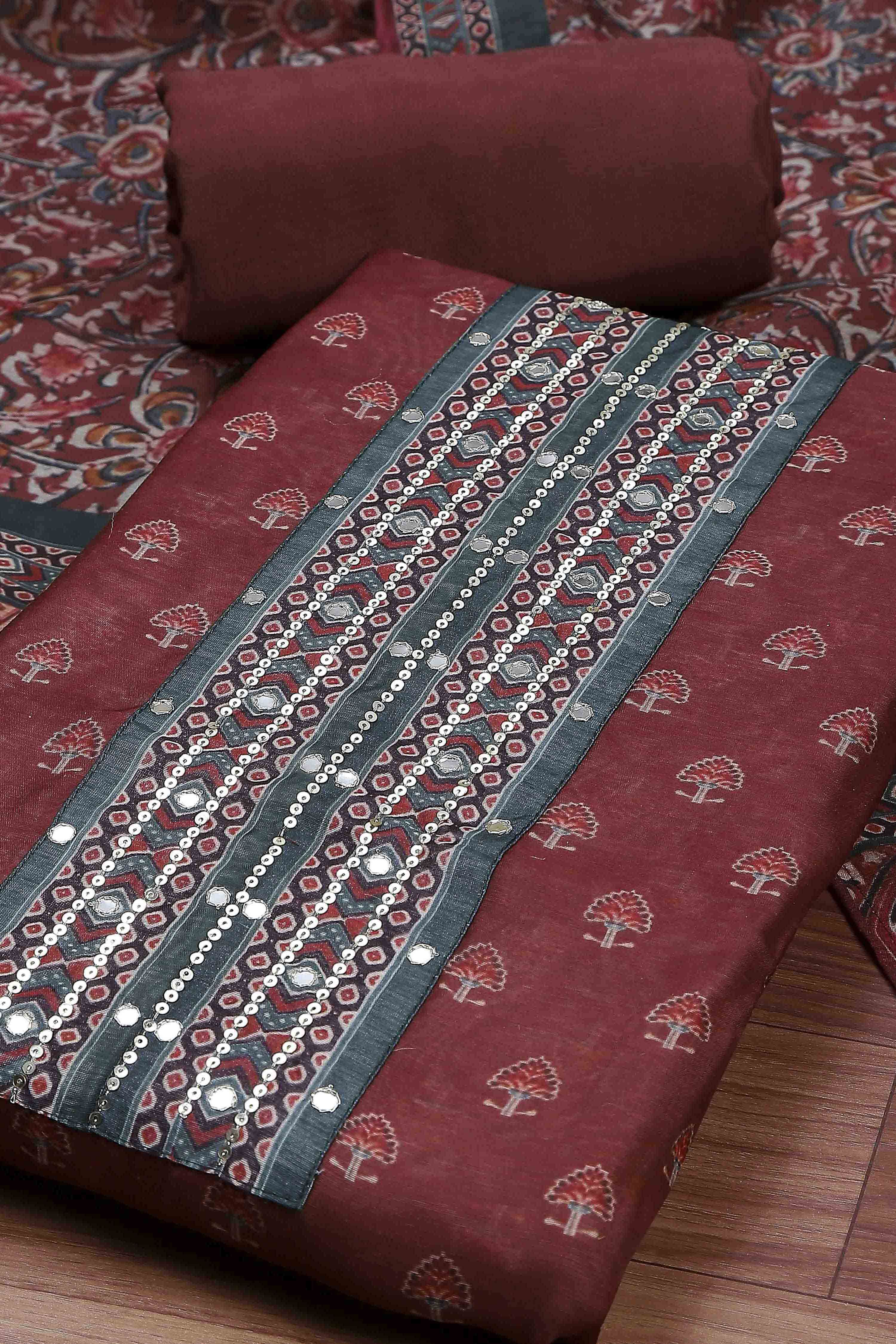 Old Rose Chanderi Rajasthani Print Unstitched Suit Set image number 1