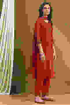 Red Embroidered Festive Straight Suit Set image number 5