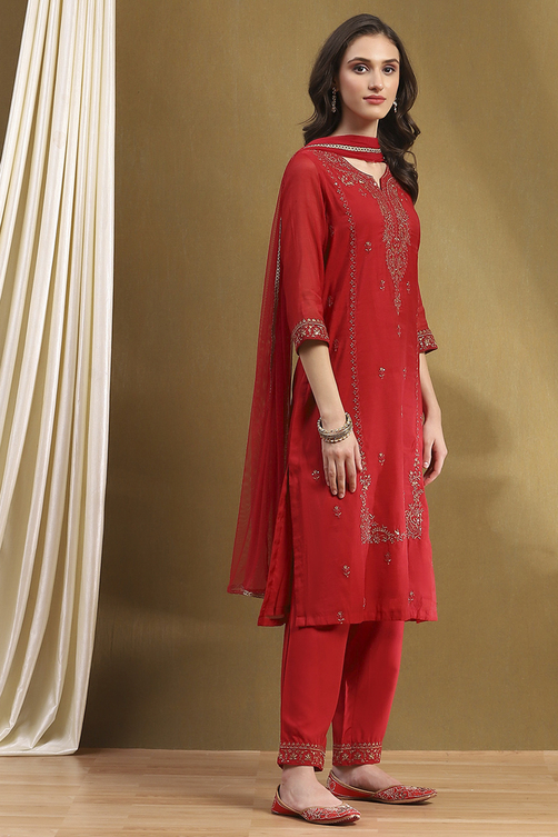 Yellow Embroidered Festive Straight Suit Set image number 5
