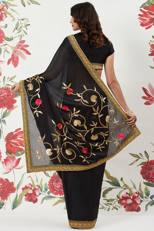 Rohit Bal Maroon Chanderi Silk Solid Saree With Blouse image number 5