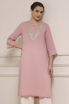 Onion Pink Cotton Straight Solid Kurta image number 5
