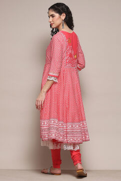 White Pink Cotton Anarkali Printed Kurta Churidar Suit Set image number 5