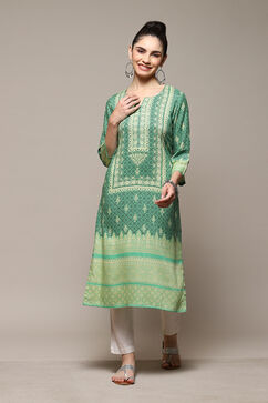 Green LIVA Straight Printed Kurta image number 5