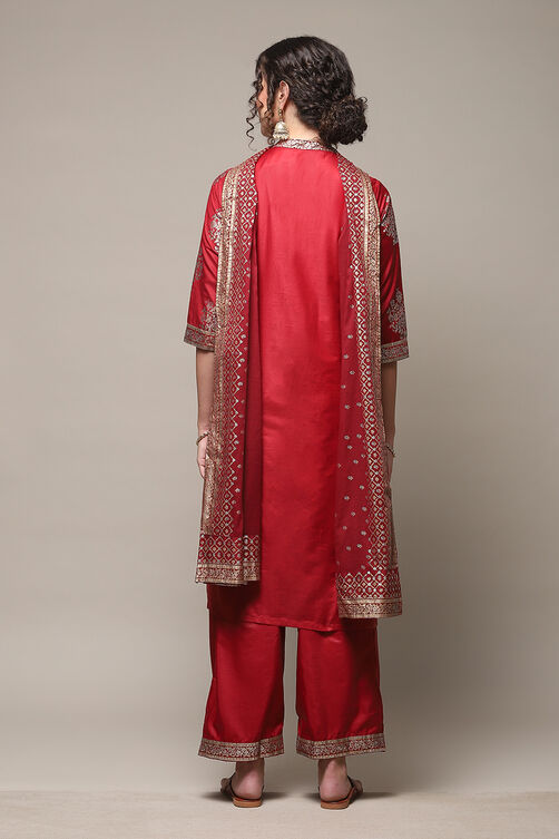 Maroon Art Silk Straight Kurta Palazzo Suit Set image number 4