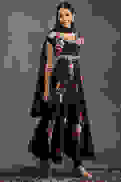 Rohit Bal Black Silk Chanderi Floral Printed Anarkali Suit Set image number 3