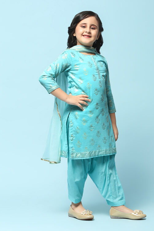 Turquoise Cotton Straight Printed Kurta Patiyala Salwar Suit Set image number 6