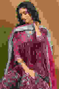 Cherry Red Viscose Blend Floral Peplum Kurta Suit Set image number 7