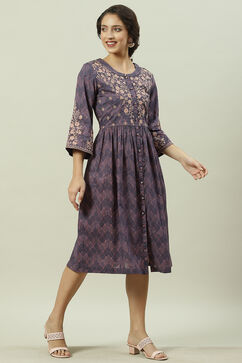 Indigo Cotton A-Line Printed Dress image number 2