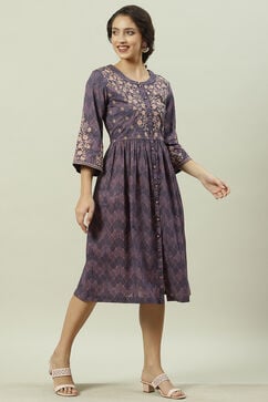 Indigo Cotton A-Line Printed Dress image number 2