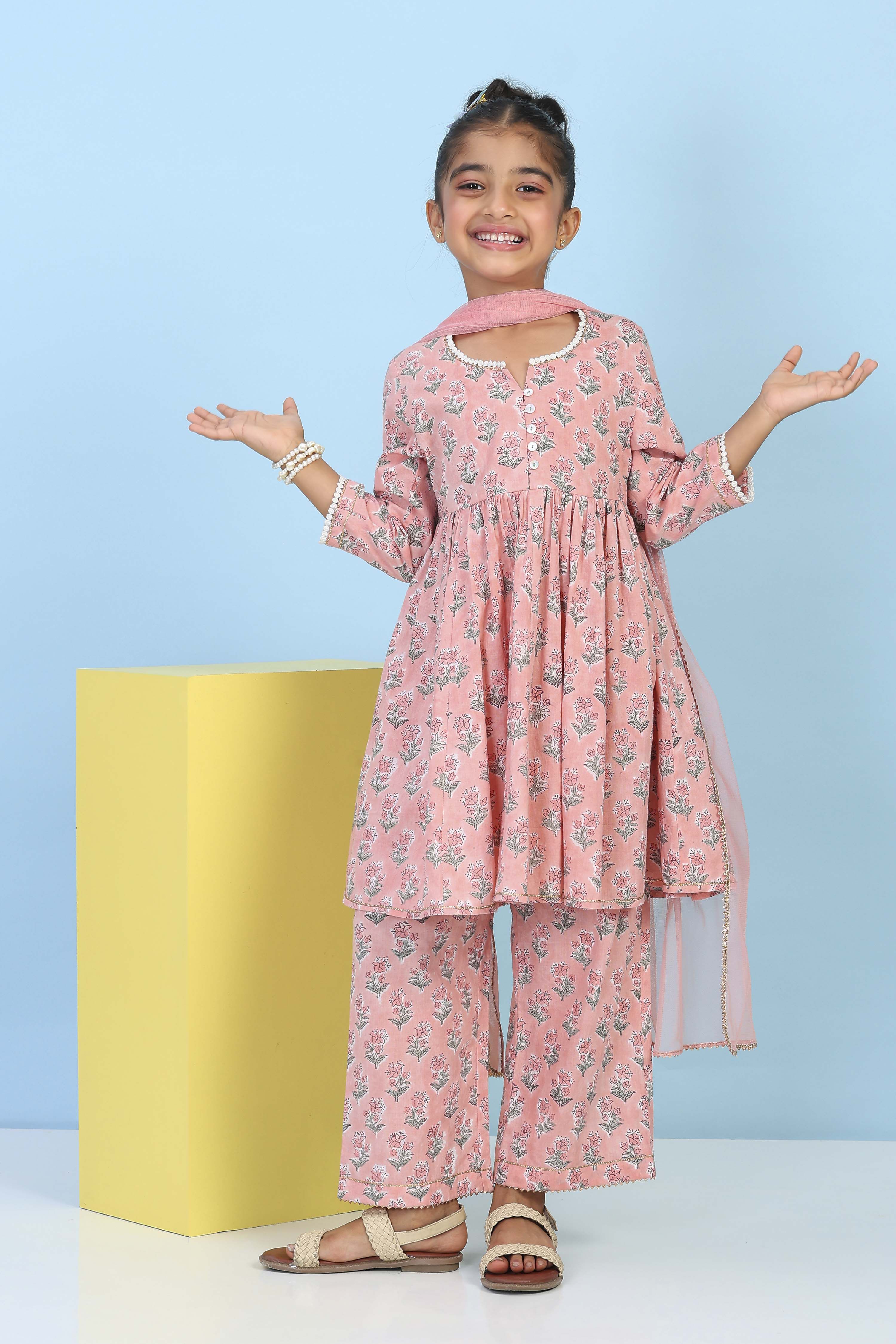 Peach Cotton Printed Gathered Suit Set image number 0