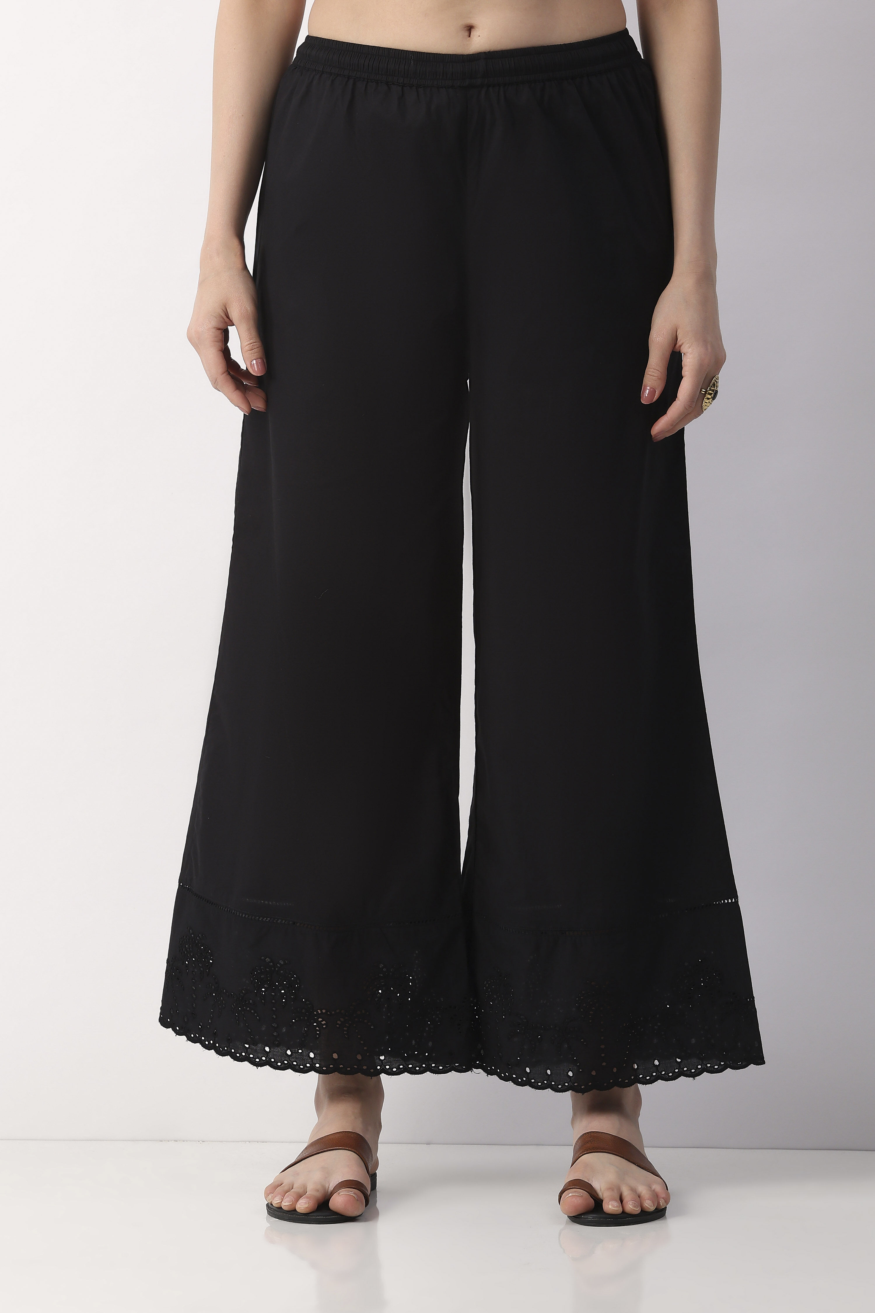 Black Cotton Flared Dyed Palazzos image number 5