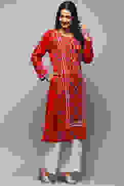 Pink Poly Cotton Straight Yarndyed Kurta image number 4