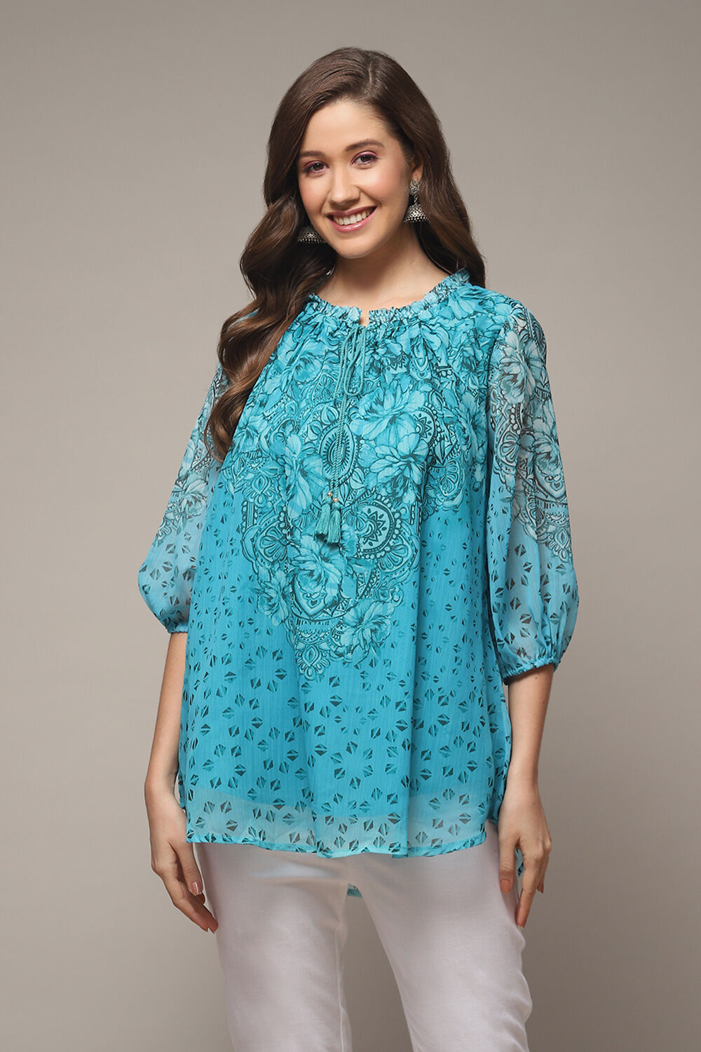 Blue Cotton Blend Printed Kurti image number 1