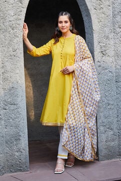 Yellow Cotton Gathered Suit Set image number 3
