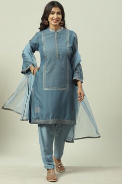 Sky Blue Printed Straight Kurta Salwar Suit Set image number 5