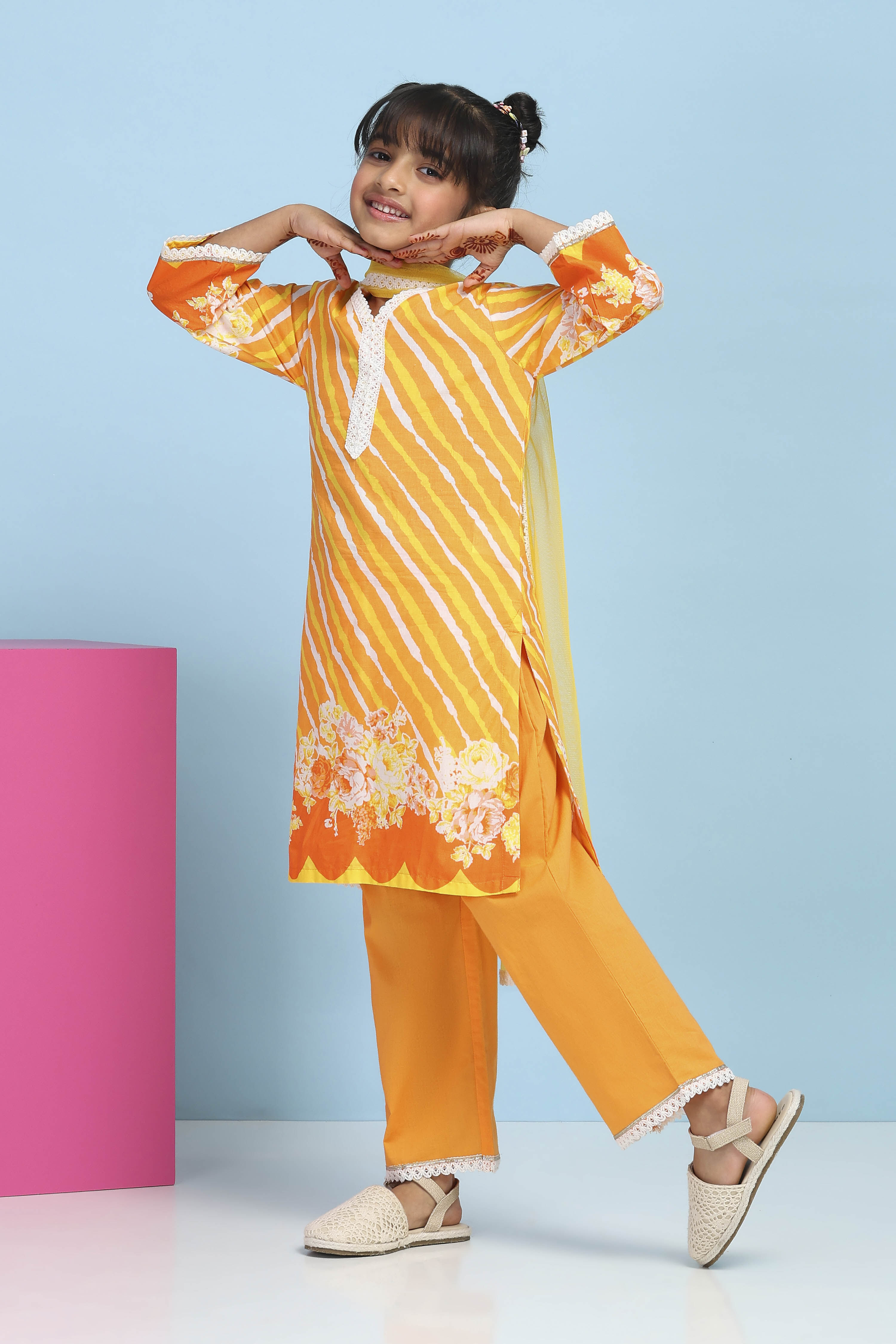 Orange Cotton Printed Straight Suit Set image number 3
