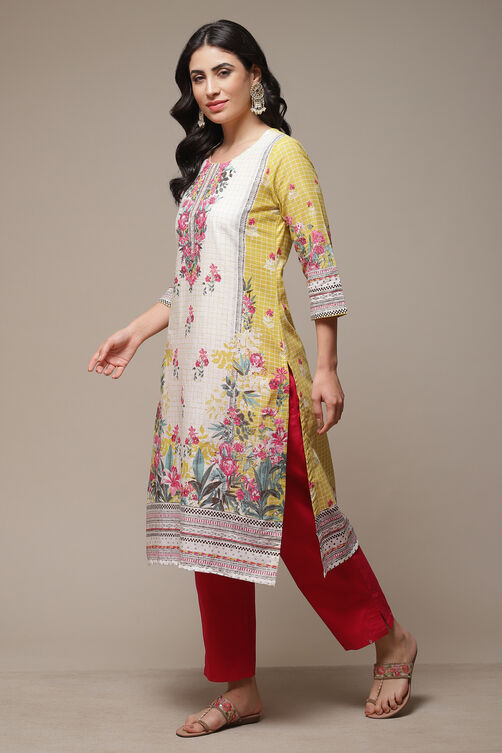 Yellow LIVA Straight Printed Kurta image number 3