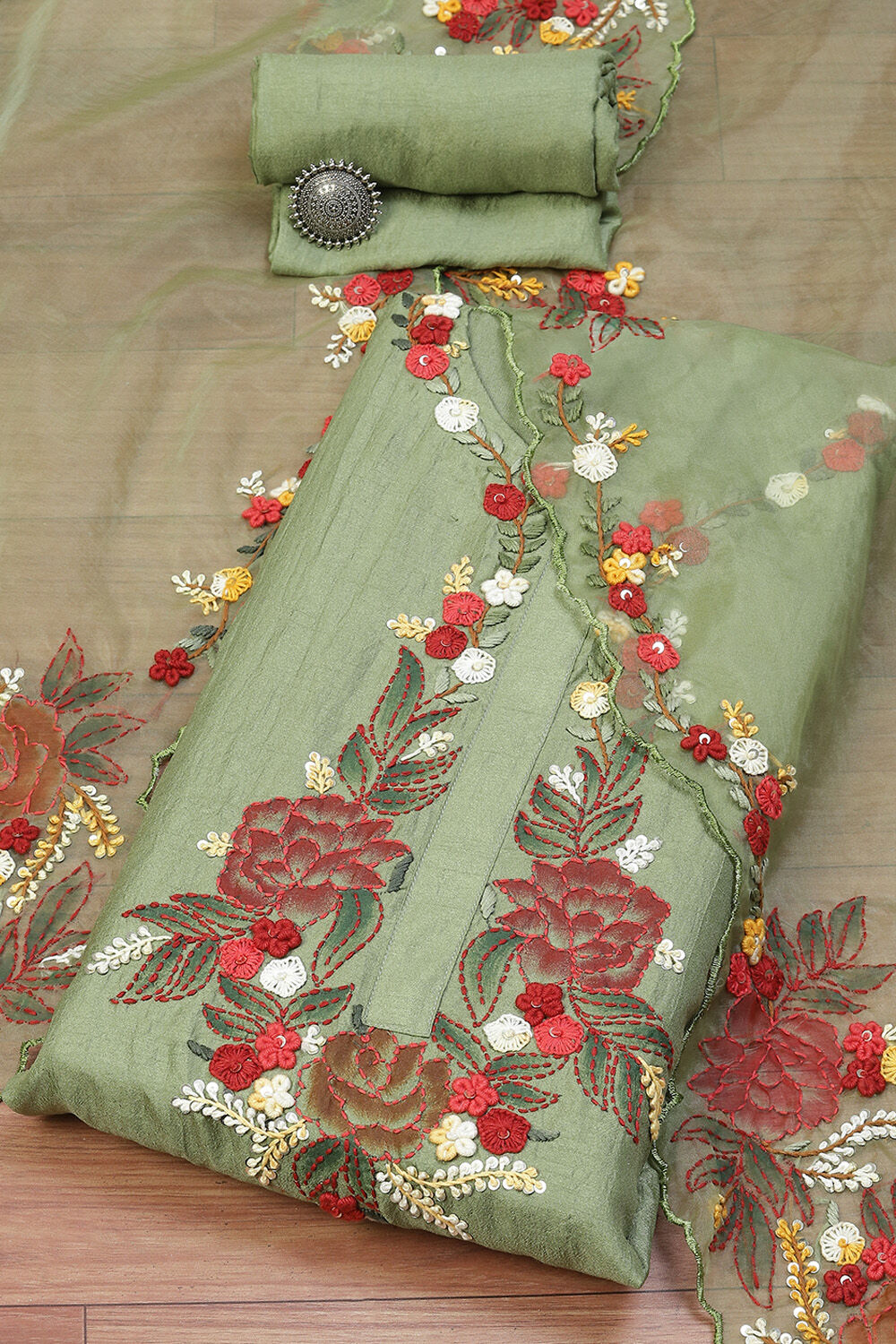 Green Silk Blend Hand Embroidered Unstitched Suit Set