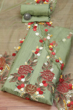 Green Silk Blend Hand Embroidered Unstitched Suit Set image number 0