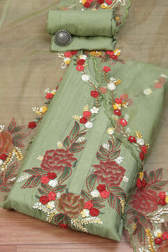 Green Silk Blend Hand Embroidered Unstitched Suit Set image number 0
