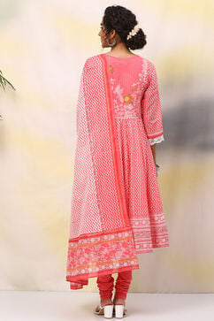 White & Pink Cotton Anarkali Kurta Churidar Suit Set image number 4
