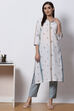 White Mint Cotton Straight Fusion Printed Kurta Set