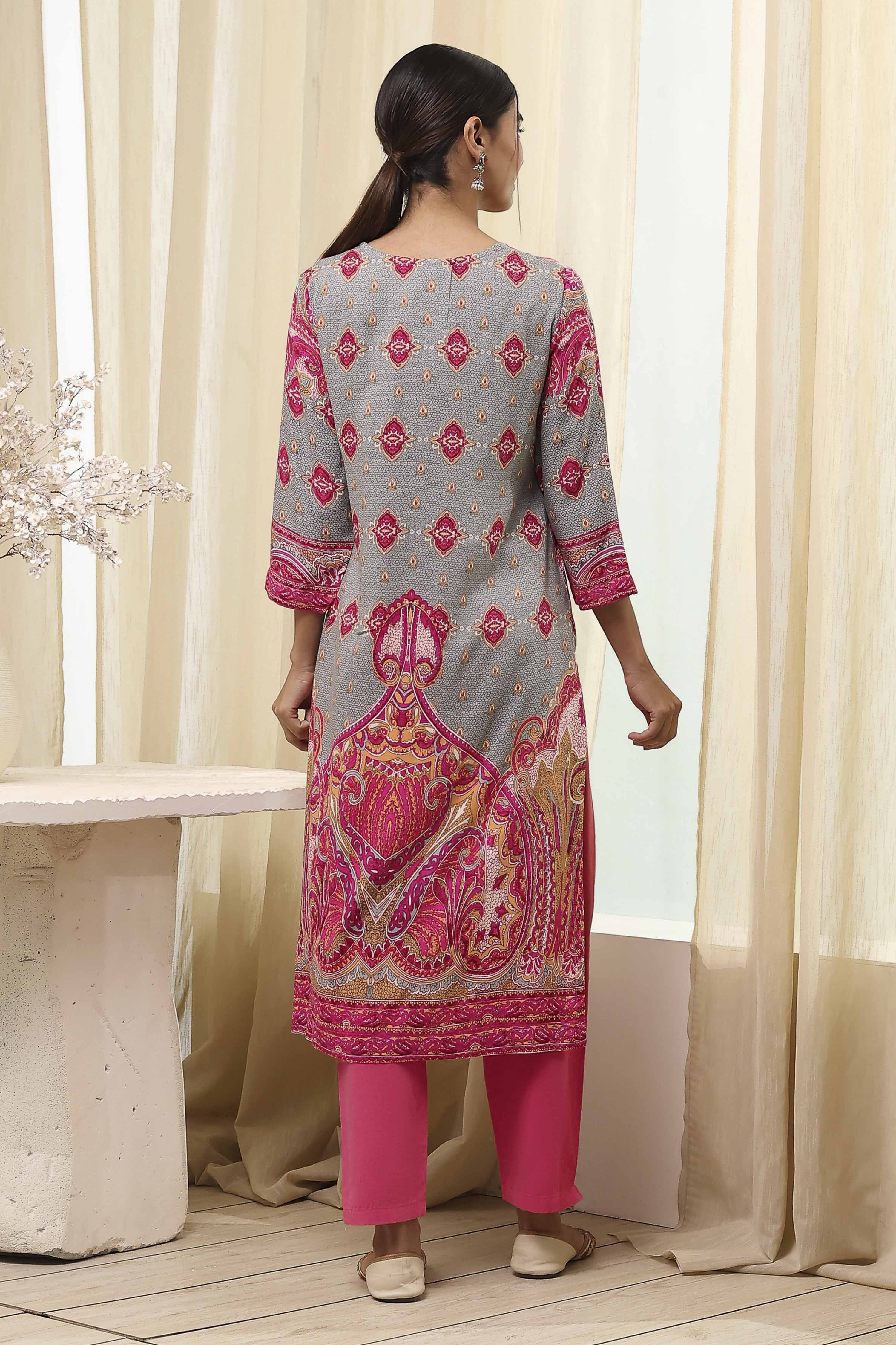 Pink Printed Straight Kurta image number 3