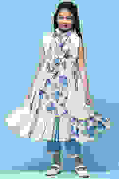 White & Blue Printed Cotton Tiered Kurta With Pants & Scarf image number 0