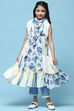 White & Blue Printed Cotton Tiered Kurta With Pants & Scarf image number 0