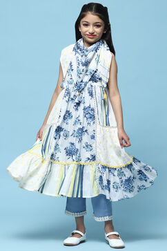 White & Blue Printed Cotton Tiered Kurta With Pants & Scarf image number 0