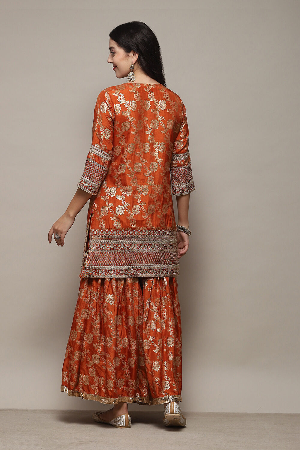 Lime Green Viscose Brocade Straight Kurta Palazzo Suit Set image number 5