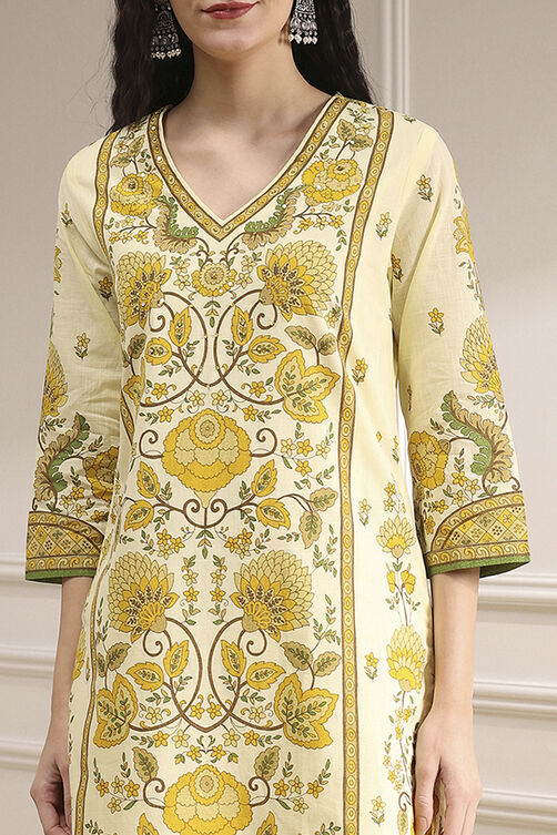 Cream-Colored Cotton Printed Straight Suit Set image number 1