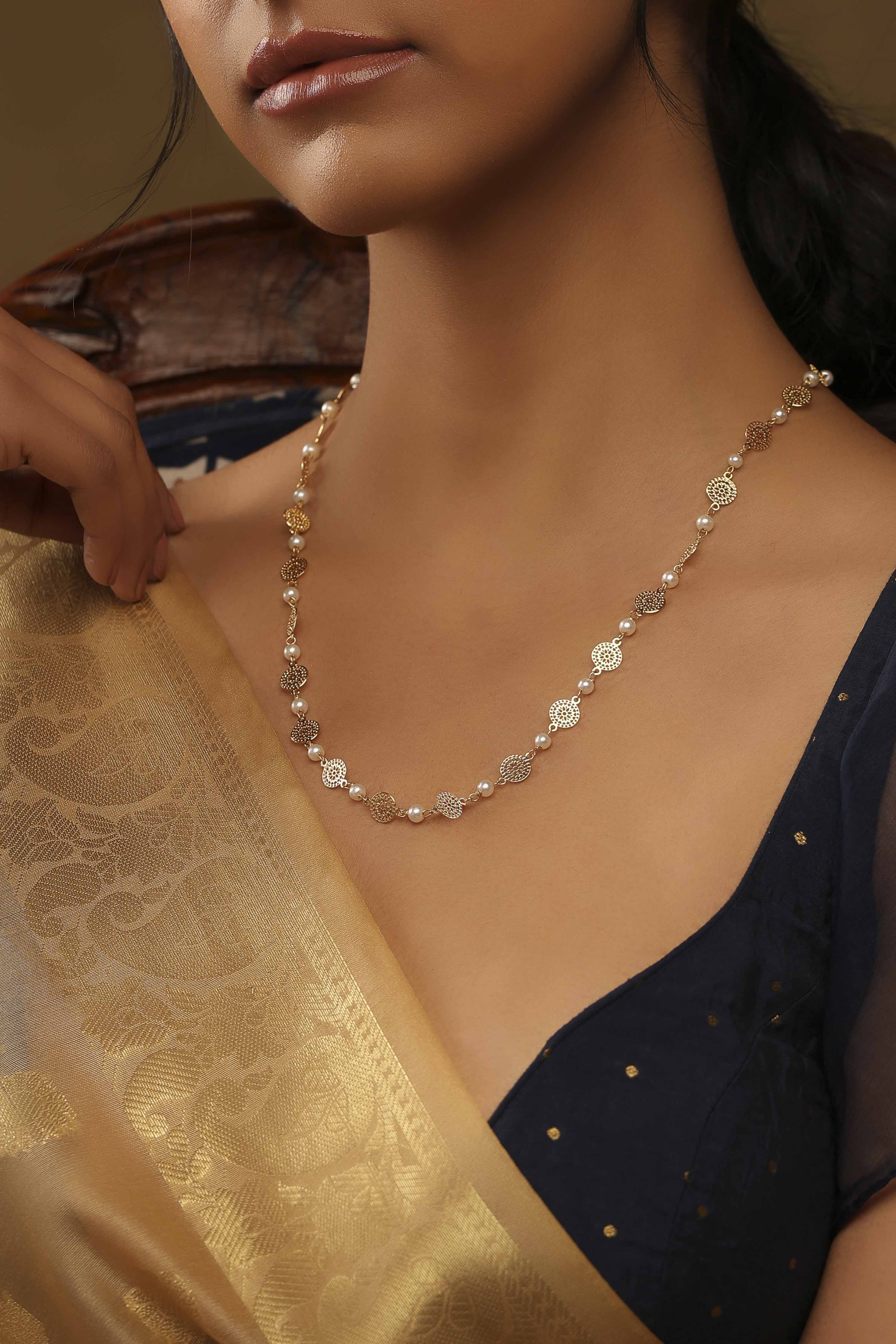 Gold Pearl Brass Necklace image number 1