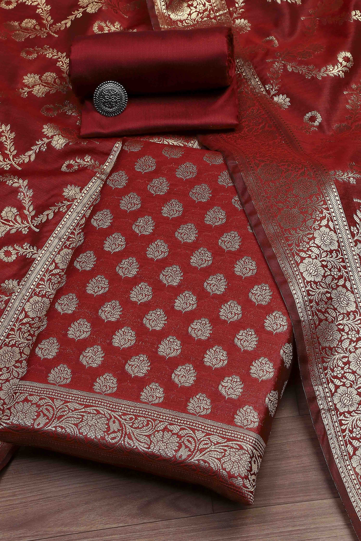 Red Cotton Printed Embroidered Unstitched Suit Set