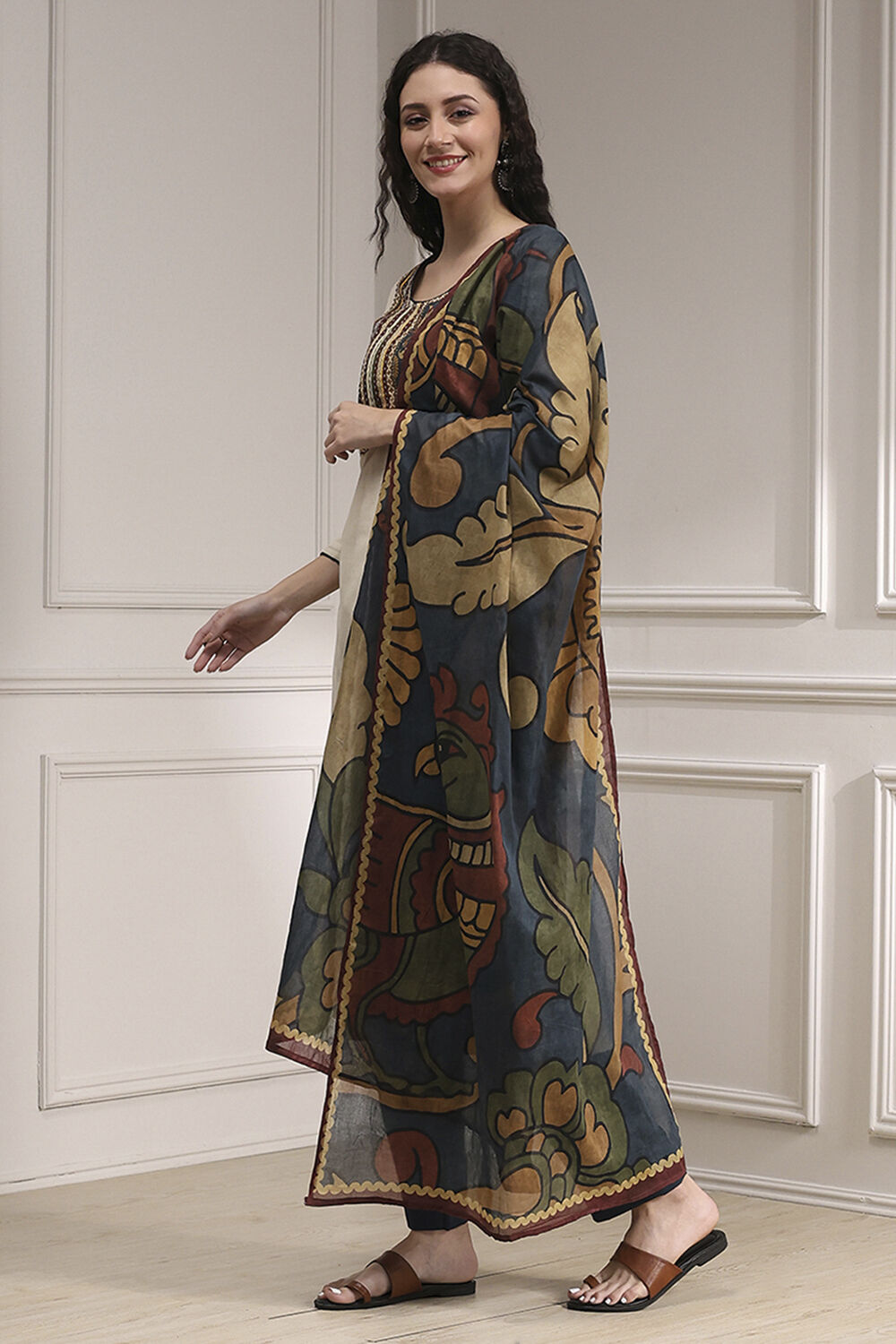 Yellow Cotton Hand Block Print Unstitched Suit Set image number 4