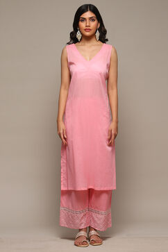 Pink Cotton Blend Layered Kurta Palazzo Suit Set image number 4