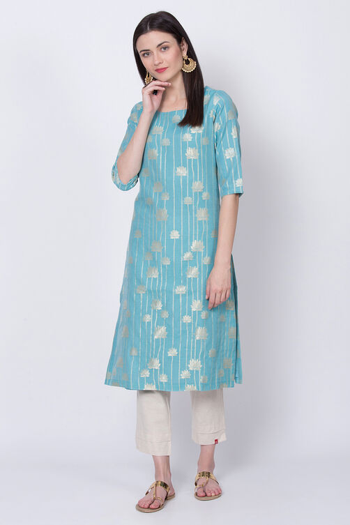 Light Turquoise Poly Metallic Cotton Straight Yarndyed Kurta image number 0