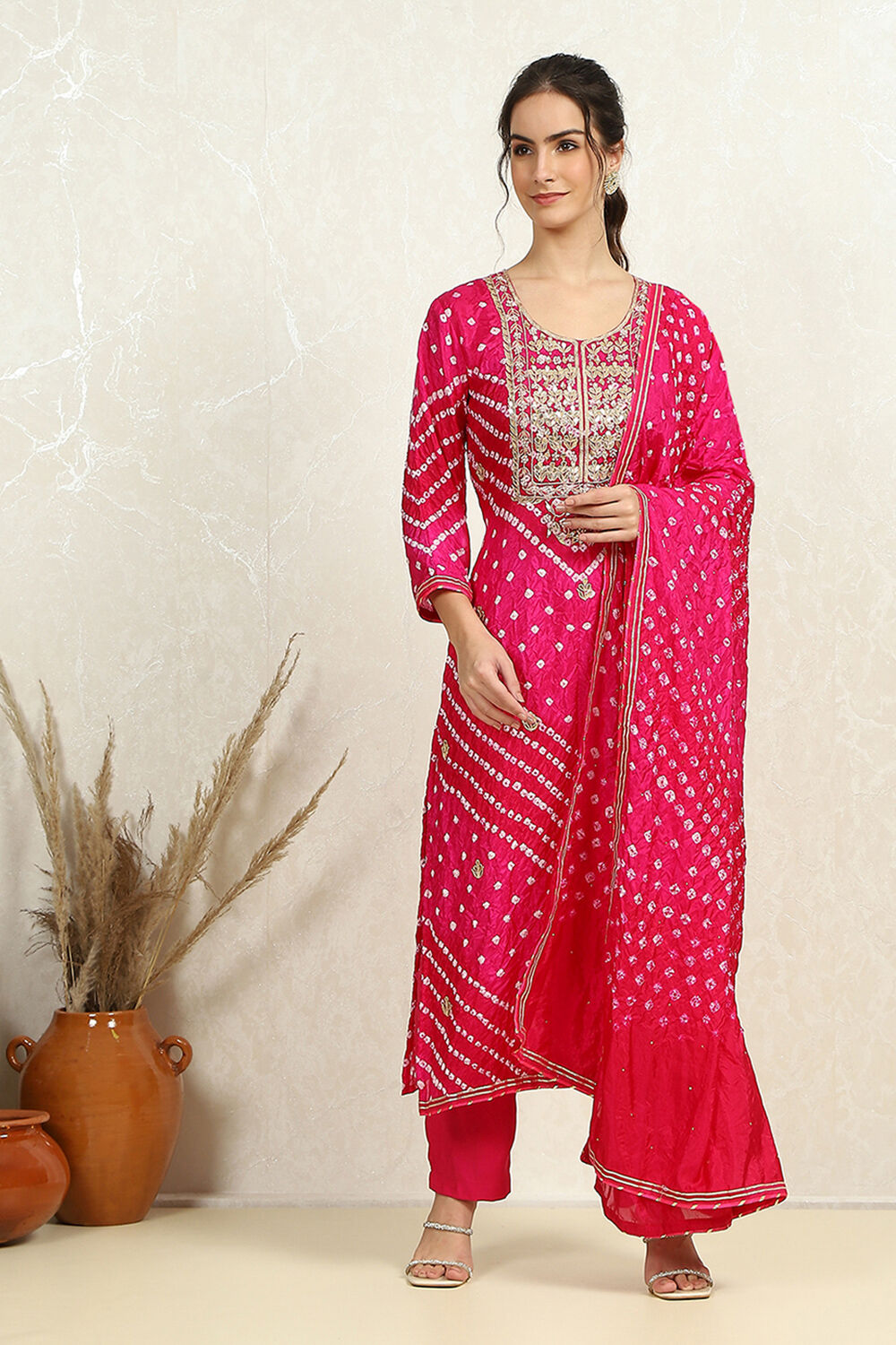 Orange Silk Blend Bandhej Crinkled Unstitched Suit Set image number 1