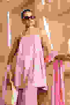 Baby Pink Poly Georgette Zari Embroidered Flared Suit Set image number 1