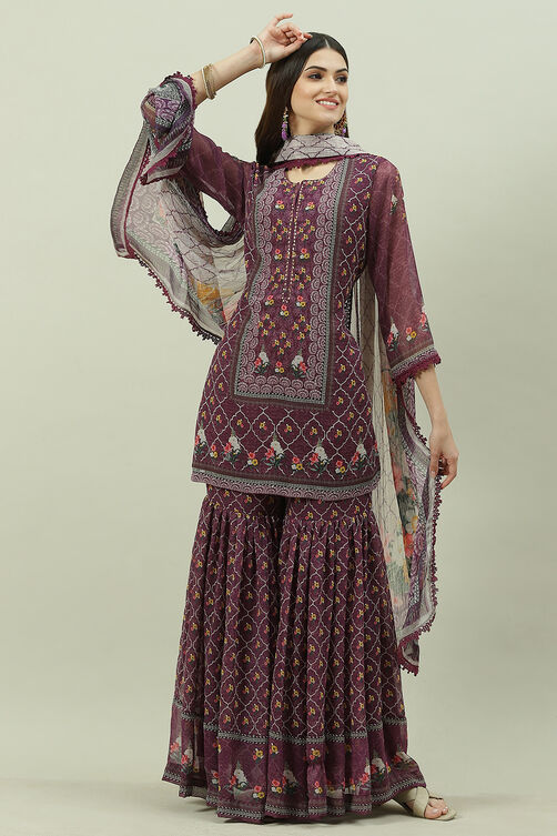 Purple Art Silk Sharara Kurta Garara Suit Set image number 7