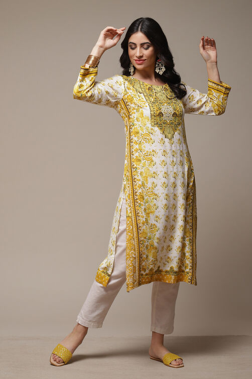 Off White LIVA Straight Printed Kurta image number 0