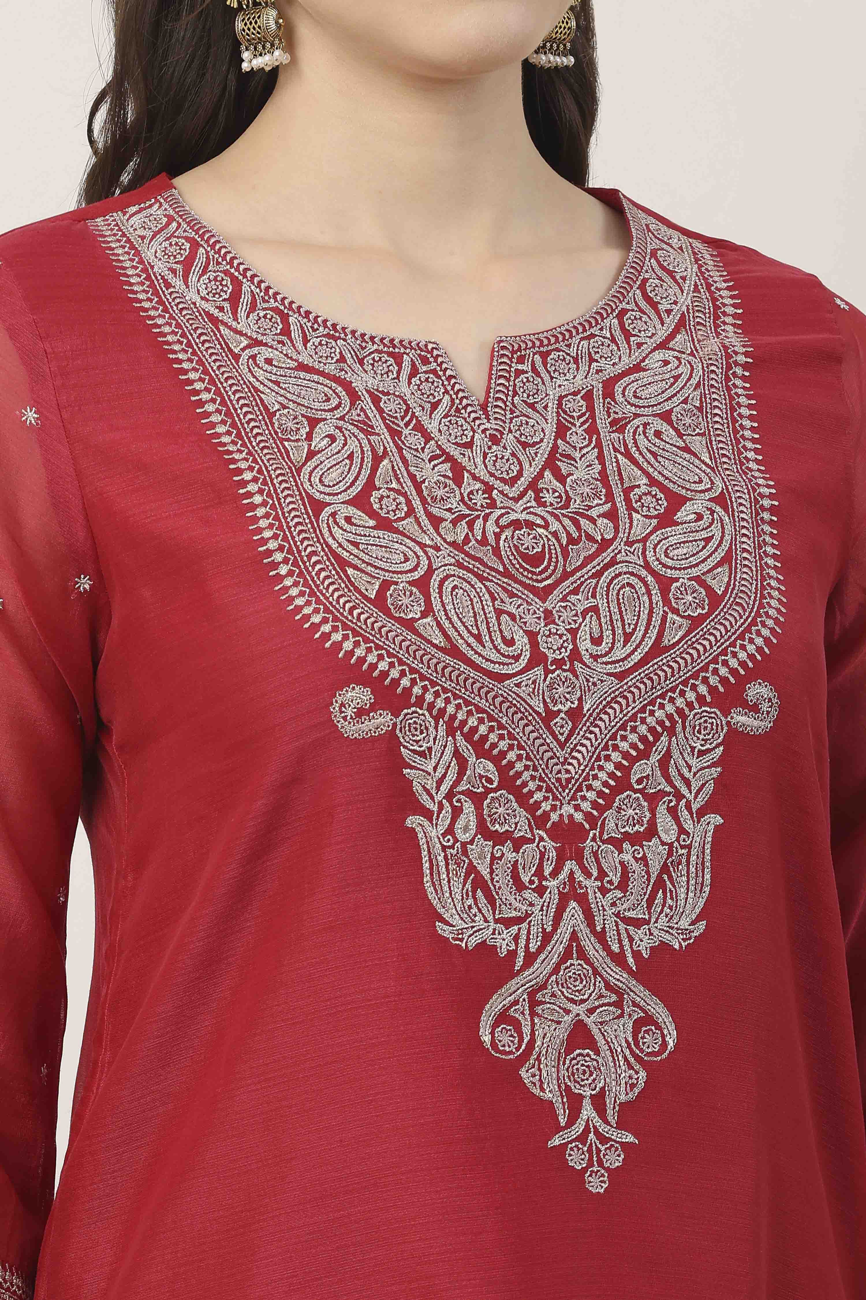 Red Poly Chanderi Yoke Embroidered Straight Suit Set image number 1