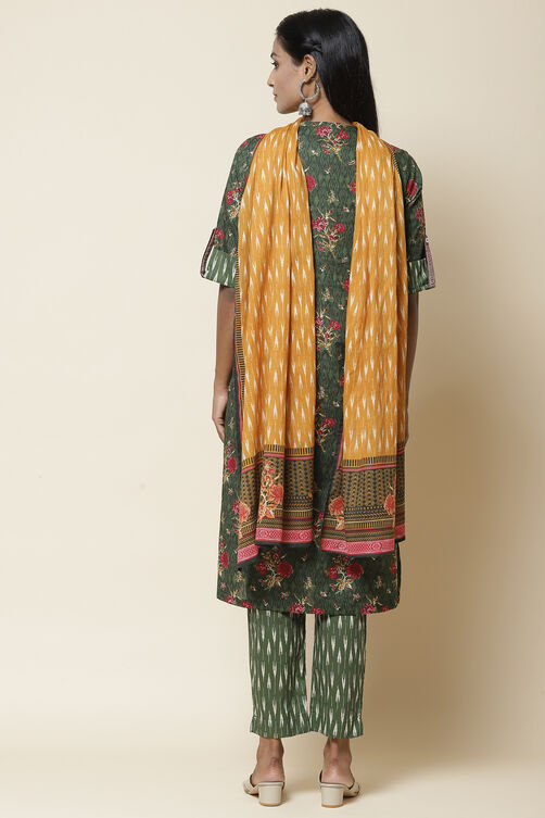 Dark Green Cotton Straight Kurta Slim Pant Suit Set image number 7