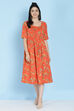 Coral Cotton Flax A-line Printed Kurta Dress